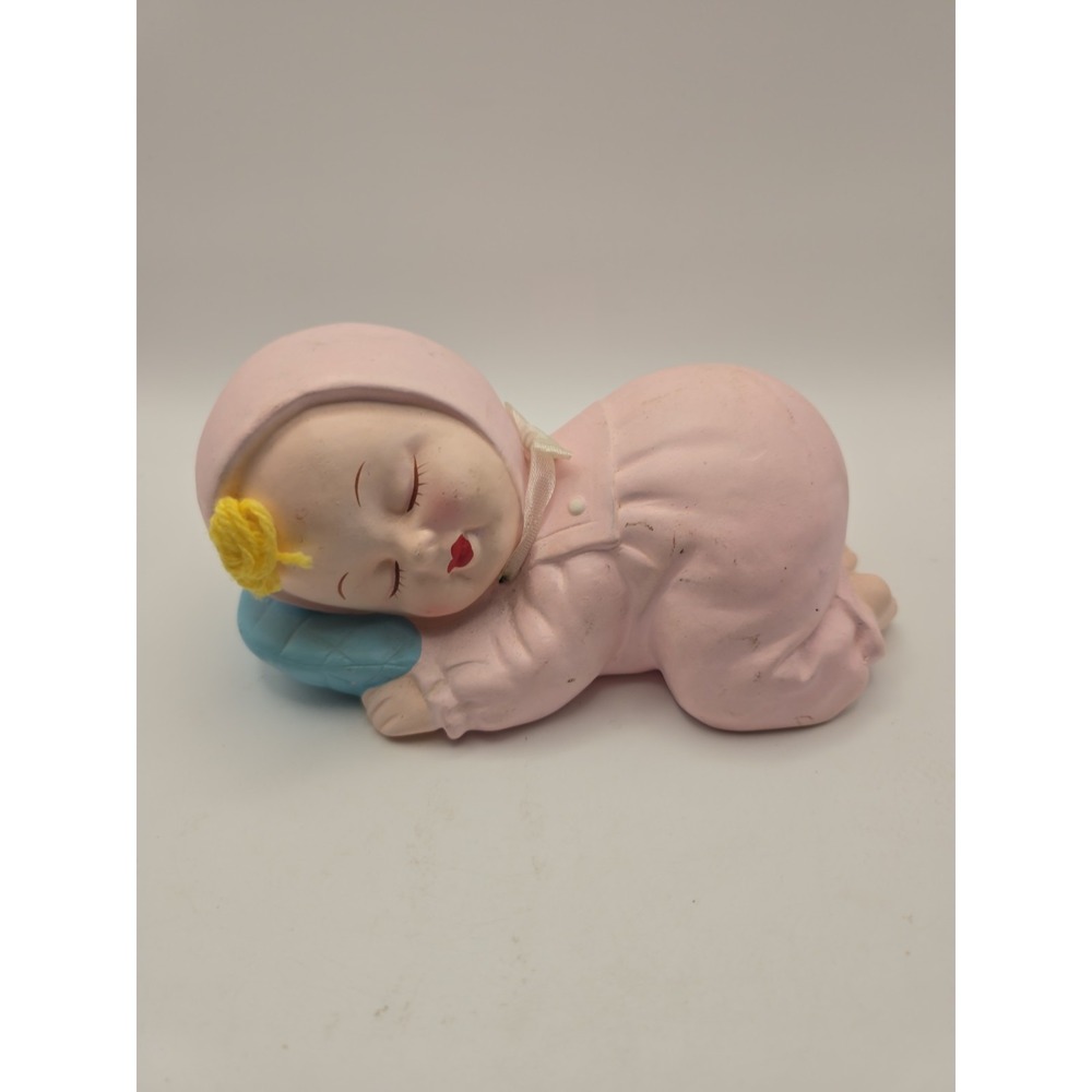 Vintage Lego Japan Sleeping Baby Piggy Bank Girl Pink Nursery Retro Chalkware